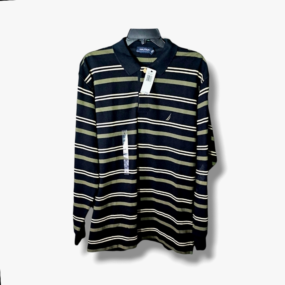 Nautica Men's Black Striped Long Sleeve Heavy Knit Collared Polo Shirt Size L